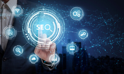 Poster - Businessman Pushing Word Seo Key Standing Over Blue Background, Collage