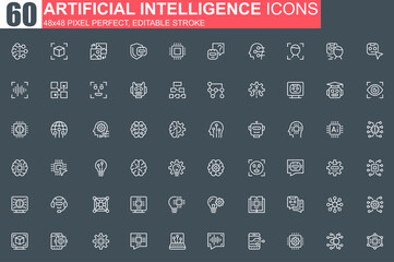 Poster - Artificial intelligence thin line icon set. Machine learning outline pictograms for website and mobile app GUI. Smart technology simple UI, UX. Grid 48x48 pixel perfect linear vector icons pack.
