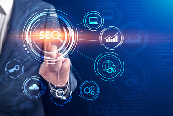 Poster - Businessman Pushing Button With Word Seo Over Blue Background, Collage
