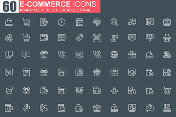 Poster - E-commerce thin line icon set. Online shopping outline pictograms for website and mobile app GUI. Order, payment and delivery simple UI, UX. Grid 48x48 pixel perfect linear vector icons pack.
