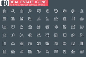 Poster - Real estate thin line icon set. Real estate agency outline pictograms for website and mobile app GUI. Building sale and rent simple UI, UX. Grid 48x48 pixel perfect linear vector icons pack.