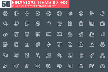 Leinwandbilder - Financial items thin line icon set. Money exchange and stock trading outline pictograms for website and mobile app GUI. Economy simple UI, UX. Grid 48x48 pixel perfect linear vector icons pack.