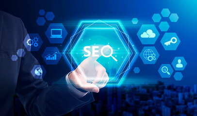 Poster - Unrecognizable Businessman Pressing Word Seo On Digital Screen, Blue Background