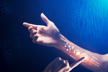 Poster - Man Pressing Key On Panel In His Hand, Blue Background