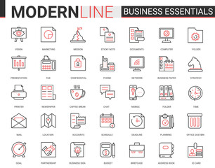 Poster - Business thin red black line icon vector illustration set. Business essential website outline pictogram symbols collection with office objects, equipment and documents for financial development