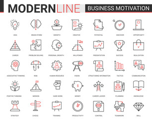 Business motivation thin red black line icon vector illustration set with motivational outline symbols for productivity of financial processes, teamwork business planning, communication training