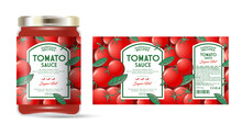 Label And Packaging Of Tomato Hot Sauce With Chili Pepper. Jar With Label. Text In Frames On Seamless Pattern With Ripe Tomatoes And Leaves.