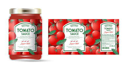 Wall Mural - Label and packaging of tomato hot sauce with chili pepper. Jar with label. Text in frames on seamless pattern with ripe tomatoes and leaves.