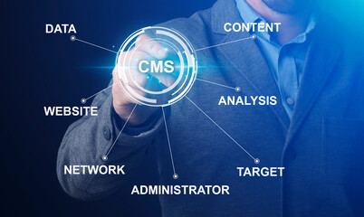 Poster - Content management system. Collage with IT manager pushing CMS button on imaginary screen with word cloud, panorama