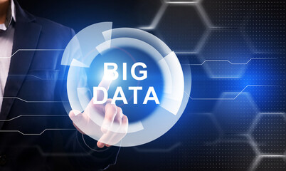 Poster - Businessman Pushing Digital Button With Big Data Lettering, Creative Collage