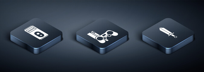 Sticker - Set Isometric Computer, Sword for game and Game console with joystick icon. Vector.