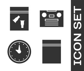 Wall Mural - Set Plastic bag with ziplock, Evidence bag and bullet, Clock and Retro audio cassette tape icon. Vector.