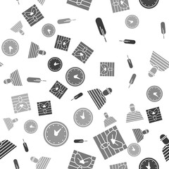 Sticker - Set Feather pen, Suspect criminal, Prisoner and Clock on seamless pattern. Vector.