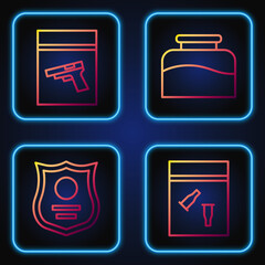 Sticker - Set line Evidence bag and bullet, Police badge, Evidence bag and pistol or gun and Inkwell. Gradient color icons. Vector.