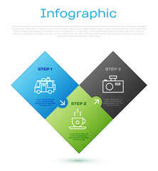 Sticker - Set line Rv Camping trailer, Photo camera and Coffee cup. Business infographic template. Vector.