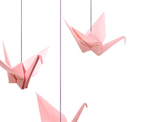 Wall Mural - origami pink birds hanging on white background