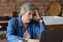 Distressed Mature Grey-haired Woman Look At Laptop Screen Have Problems Pay Household Bills Or Taxes Online. Unhappy Stressed Senior Female In Glasses Troubles With Computer Slow Internet Or Spam.