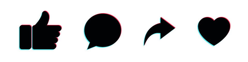 Poster - like, love, comment, share icons in glitch style, Social media concept. Isolated flat vector