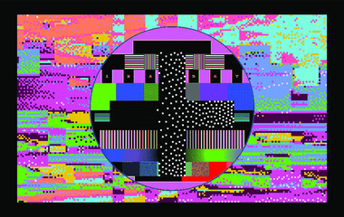Poster - Abstract technology background with random pixel noise and cross in the middle of the geometric composition.