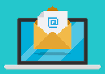 Leinwandbilder - Pixel art style vector illustration of opend email with email sign, on laptop screen.
