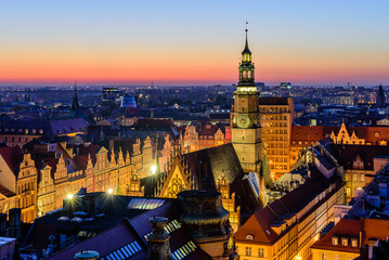 Sightseeing of Poland. Cityscape of Wroclaw, beautiful aerial night view. 