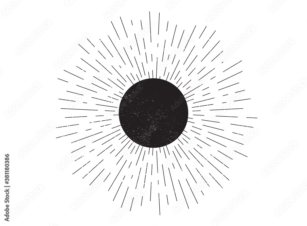 Vintage sunburst vector badge. Hand drawn retro starburst element. Linear sun rays design. Abstract moon with dirty grunge pattern. Firework explosion burst. Starburst, sunburst rays. Vector - obrazy, fototapety, plakaty 