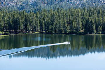 Boat leaves a trail of wake across beautiful  blue water with tree and sky reflections