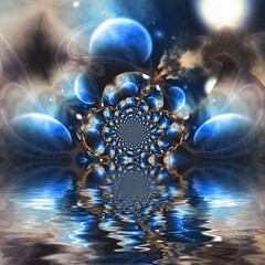 Wall Mural - Fractal of planets. Water reflections. 3D rendering