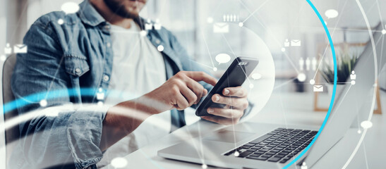 man working remotely at home. concept of networking or remote work. global business network. online 