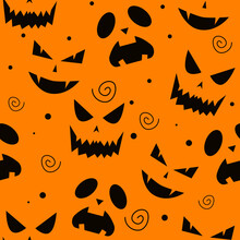 Seamless Repetitive Pumpkin Pattern For Wrapping Paper, Apparel, Poster Etc. Repeating Orange Background With Carved Jack O Lantern Faces