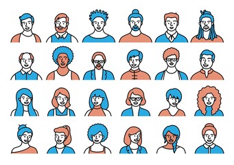 Contour set of persons, avatars, people heads of different ethnicity and age in flat style. Multi nationality social networks line people faces collection.