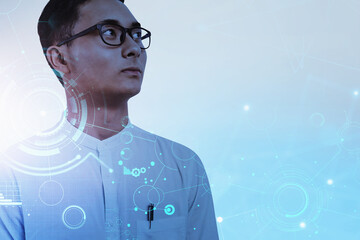 Poster - Serious Asian man in glasses, network interface