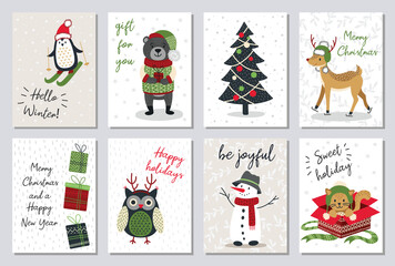 Wall Mural - Set of modern hand drawn christmas gretting cards animals and other isolated elements. Vector illustration.