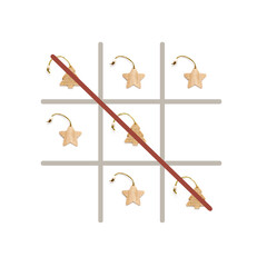 Tic Tac Toe fill with Christmas wooden decorations isolated on white background. Top view with miniature stars and firs. Top view. Christmas reusable sustainable recycled decor. Eco friendly new year.