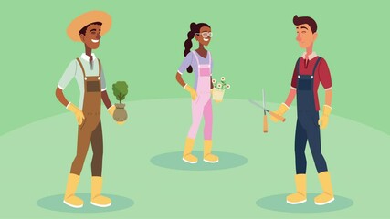 Poster - interracial people gardening animation with houseplants