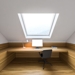 Poster - mock up computer screen in white and wooden home office