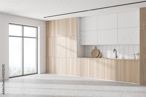 Cuadros en Lienzo Modern white and wooden kitchen corner with cabinets