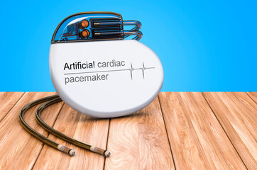 Poster - Artificial cardiac pacemaker on the wooden table, 3D rendering