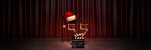 Video, Movie, Cinema, Christmas Concept. Director's Chair And Movie Clapper. 3d Rendering	
