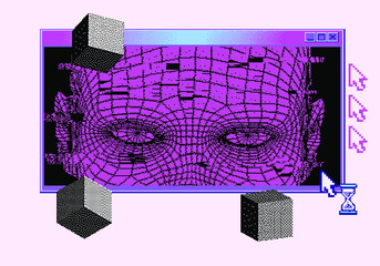 Wall Mural - Retrofuturistic poster with human head silhouette and user interface elements. Cover for Artificial Intelligence and Neural Network subjects.