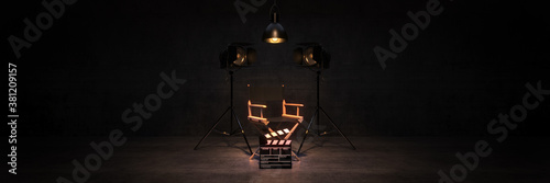 Video, movie, cinema concept. Director's chair and movie clapper. 3d rendering