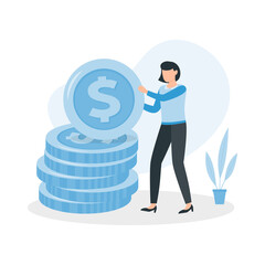 Wall Mural - Woman is standing near a big coin money. Earning, saving and investing money concept.