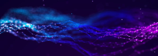 Leinwandbilder - Futuristic wave on dark background. Colored pattern of connection dots. Big data. Technology or Science Banner. 3D