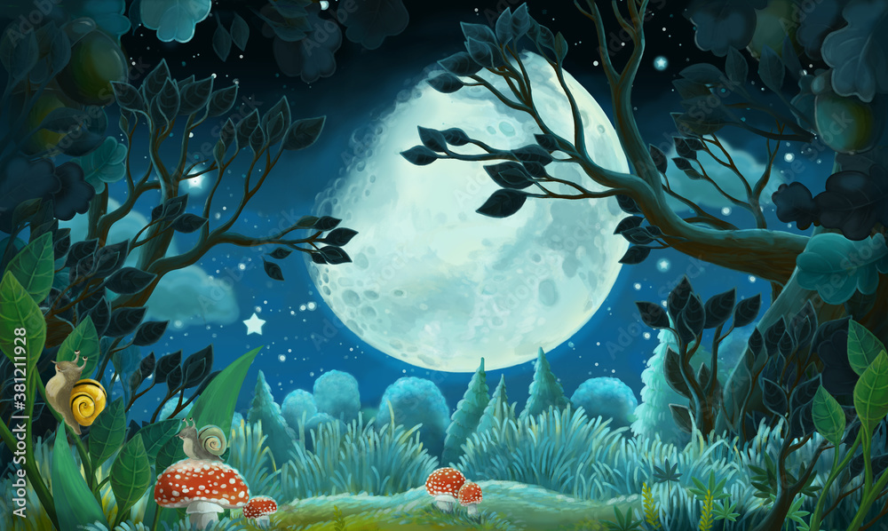 cartoon scene with forest by night - illustration for kids Stock ...