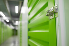 Close Up Background Image Of Storage Facility With Focus On Lock Latch On Container Door, Copy Space