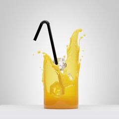 Wall Mural - 3d render, splashing orange juice inside the invisible glass, with ice cubes and black straw, yellow liquid splash clip art isolated on white background