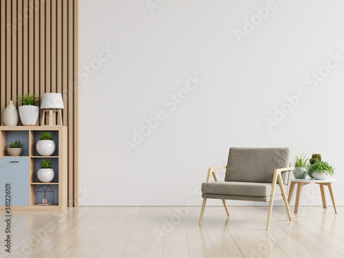 Fotomural The interior has a armchair on empty white wall background.