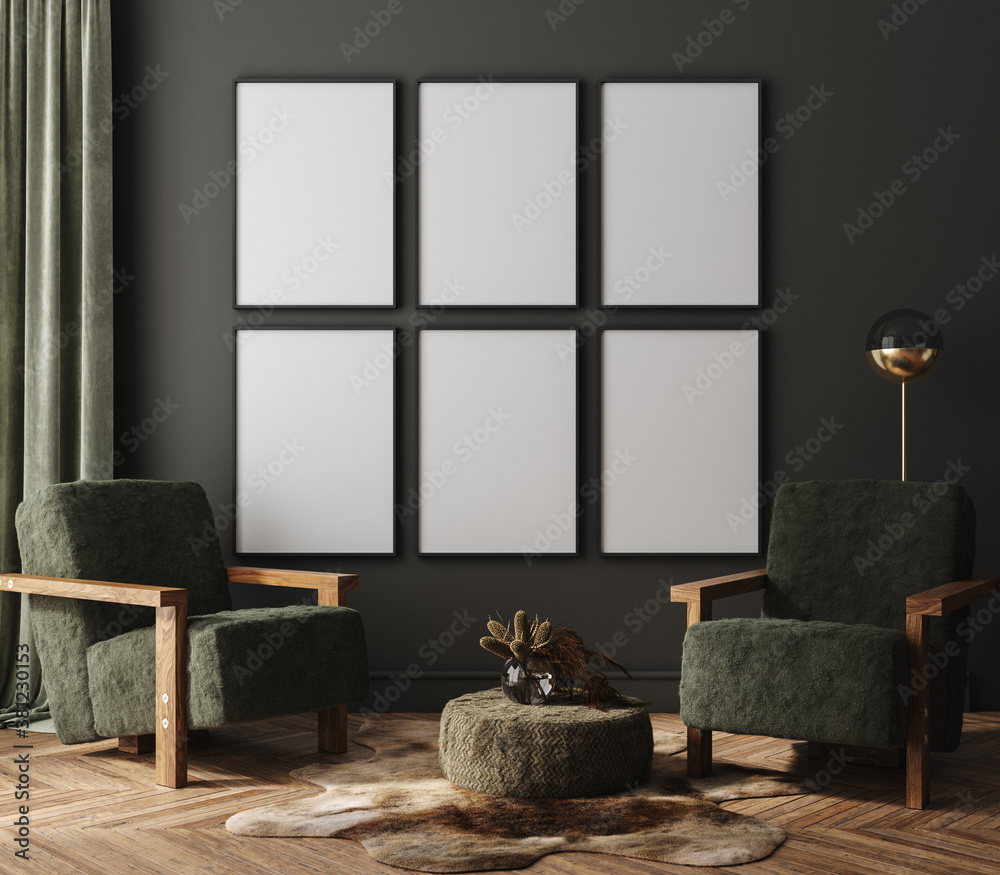 Mock-up frame in dark home interior with armchair and branch in vase, 3d render - obrazy, fototapety, plakaty 