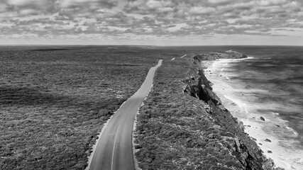 Flinders Chase National Park in Kangaroo Island. Amazing aerial view of road and coastline from drone on a sunny day