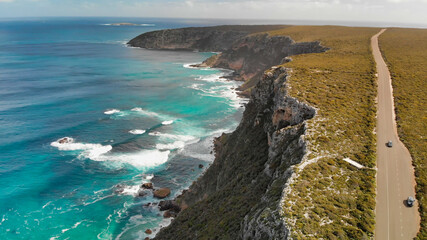 Wall Mural - Flinders Chase National Park in Kangaroo Island. Amazing aerial view of road and coastline from drone on a sunny day